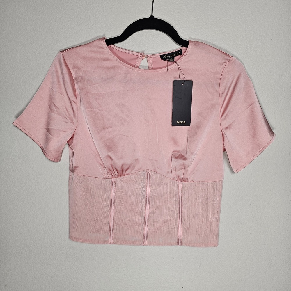 Womens Small Light Pink Corset Style‎ Short Sleeve Satin Dress Top Keyhole Back